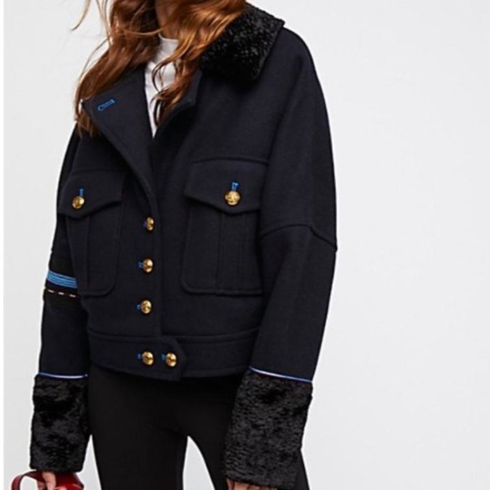 Free People Wool Blend Eisenhower Military Jacket w/Faux Fur Beading Ribbon Sz M - Picture 2 of 15